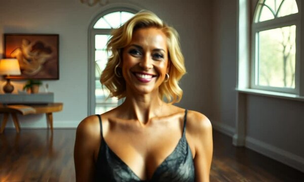 A confident model showcases elegant lingerie in a bright, stylish indoor setting during a fashion shoot