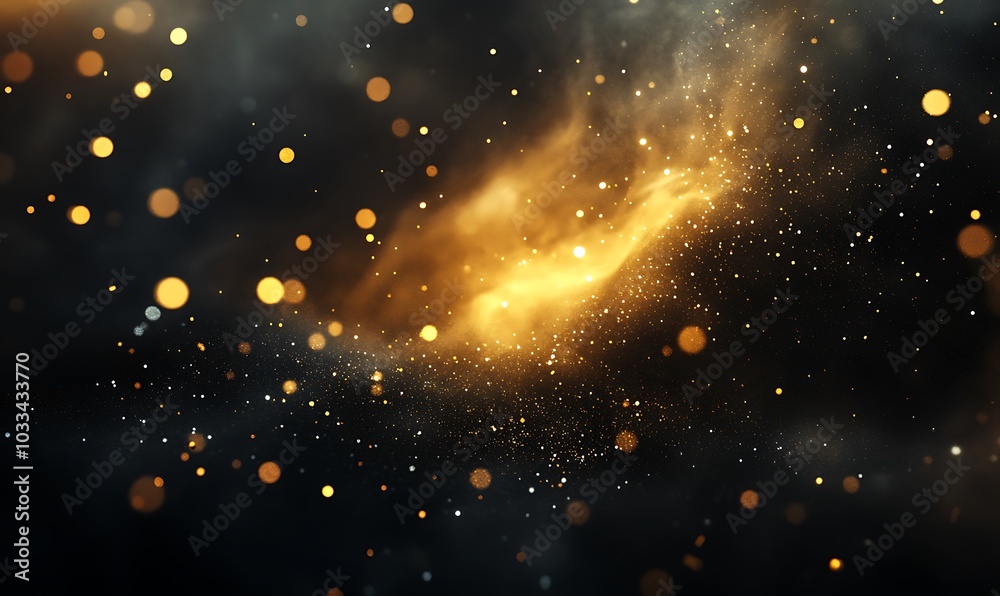Poster a cosmic scene featuring golden particles and glimmers against a dark background, evoking a sense of