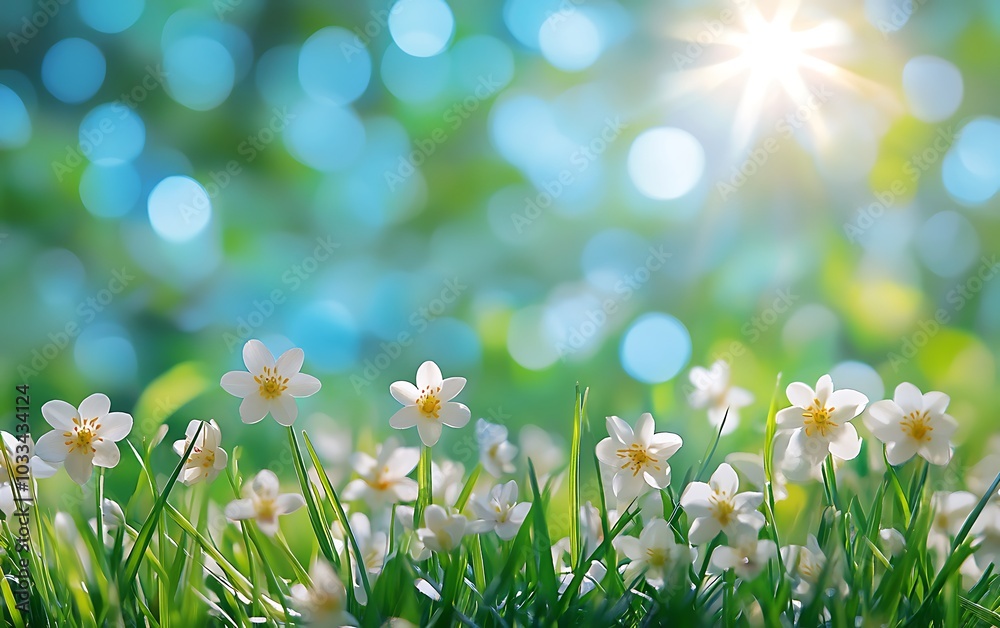 Aufkleber a vibrant scene featuring delicate flowers basking in bright sunlight, set against a blurred green b