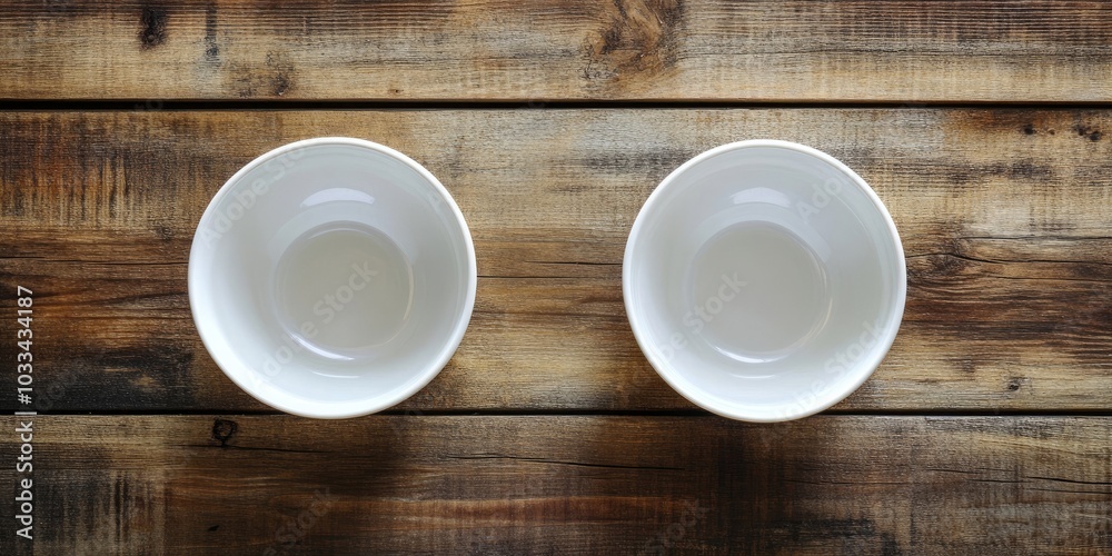 Aufkleber kitchenware and dishware idea. a top view of two new white ceramic bowls placed on a wooden table wi