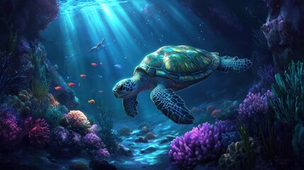 A sea turtle swims through a vibrant coral reef, sunlight streaming down from above.
