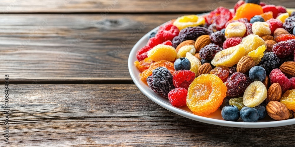 Aufkleber dried fruits on a white plate on a wooden table. a combination of various nuts and berries, rich in 