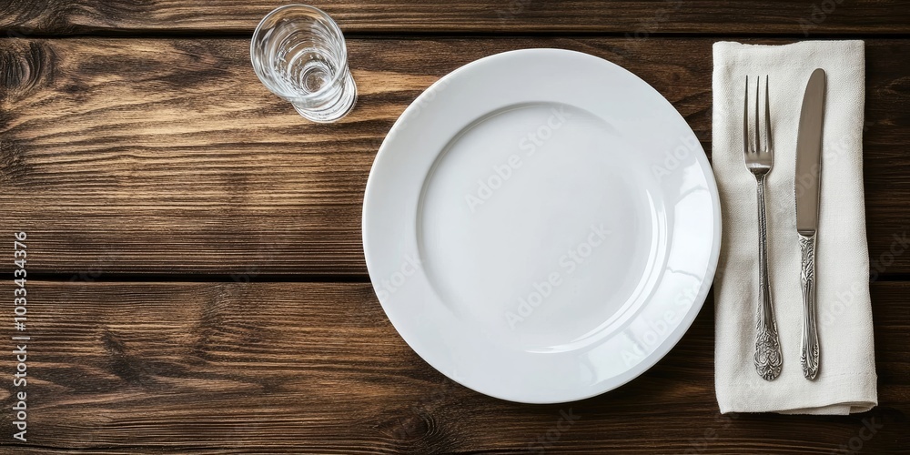 Poster an empty white plate with cutlery and a glass on a rustic wooden background. flat lay, top view with