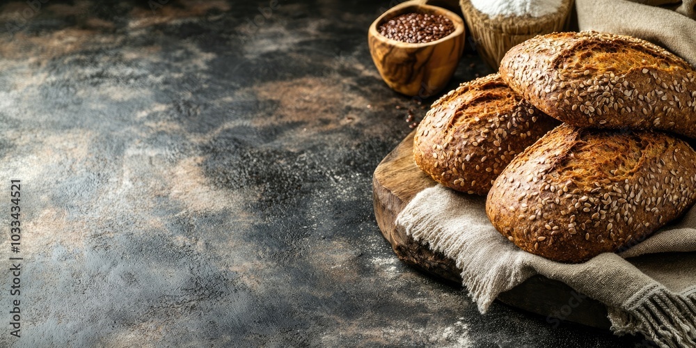 Poster flax seed bread from the bakery, a healthy meal or snack on the table, with copy space and a rustic 