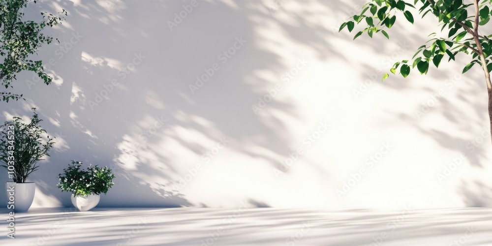 Poster Blurred shadows from natural light create an overlay effect on a white wall, serving as a backdrop for product presentations and a summer theme.