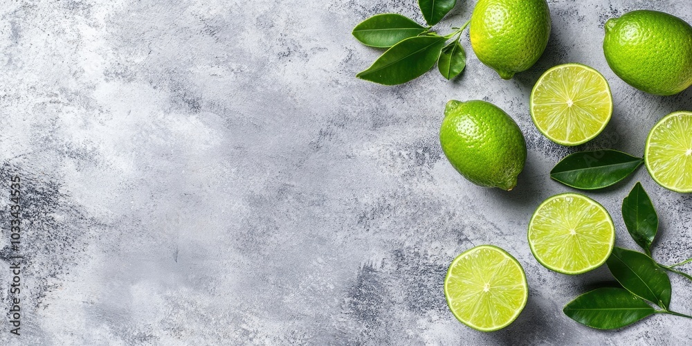 Poster concrete background featuring juicy limes. top view with copyspace.