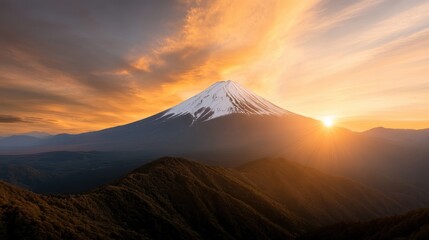 Mount Fuji stands proudly at sunrise, its snow-capped peak beautifully complemented by a glowing horizon, while rolling hills add depth to this breathtaking scene.