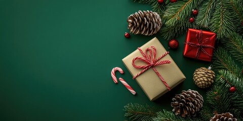 Top view of the Christmas and New Year holidays theme featuring pine cones, a gift box, candy cane, Christmas ball, and festive decorations on a green paper background with copy space.