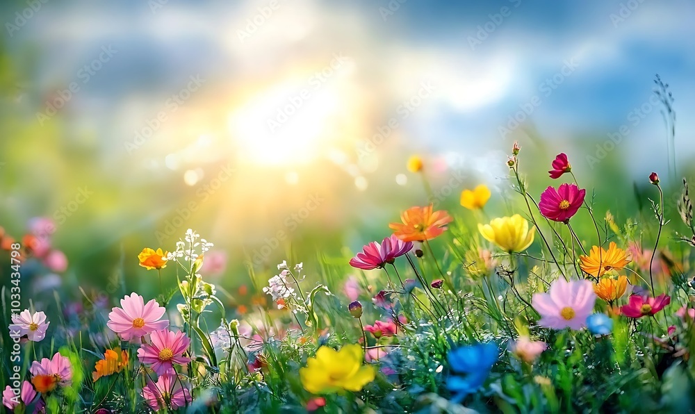 Aufkleber a vibrant field of colorful flowers basking in sunlight under a clear blue sky, creating a serene an