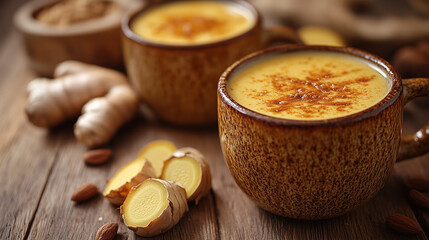 Golden latte with turmeric, creamy texture and latte art