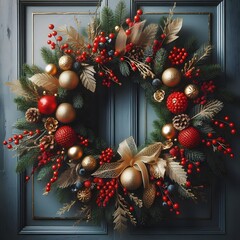Elegant Christmas Wreath with Red and Gold Decorations