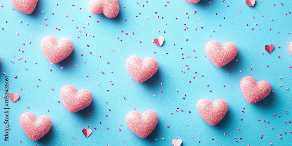 Poster valentine's day pattern background flat lay with pink hearts on a sparkling classic blue backdrop fe