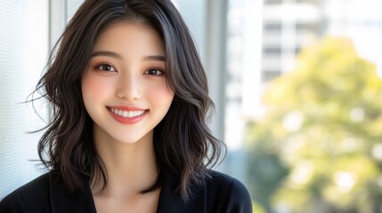 Fototapeta premium A cheerful young woman with long hair smiles brightly, showcasing natural beauty and confidence in a modern, urban environment.