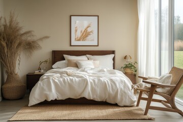 Fototapeta premium Stylish composition of cozy bedroom with mock up, beige bedding, and wooden armchair. Mock up poster with wooden frame. Home decor. Template, Generative AI