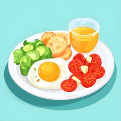 Healthy Breakfast with Fried Egg  Toast  Tomatoes  Brussels Sprouts and Orange Juice