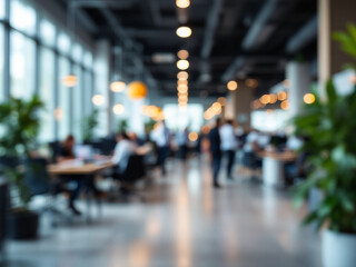 Obraz premium A blurred image of a modern office space with people working at work