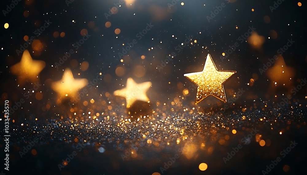 Poster a dreamy backdrop featuring sparkling golden stars against a dark background, creating a magical and