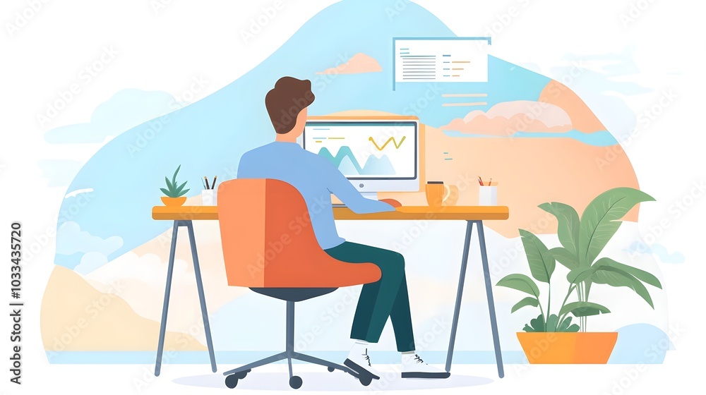 Aufkleber man working on computer with data analytics chart