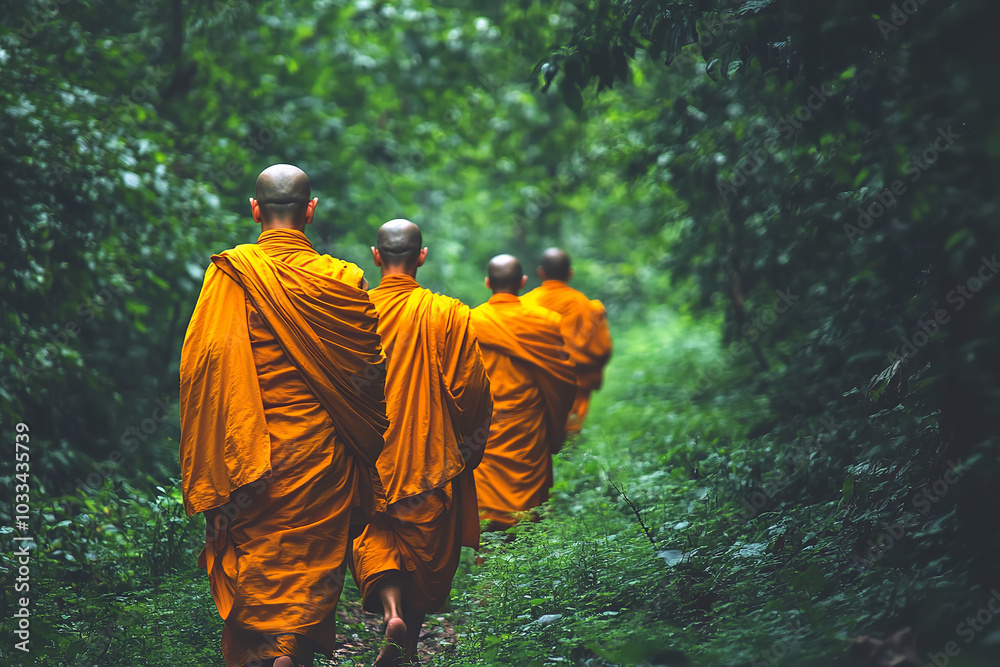 Wall mural Group of Buddhist Monks on Pilgrimage Through Lush Green Forest  