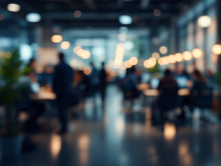A blurred image of a modern office space with people working at work