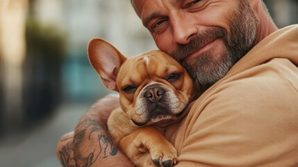 A joyful man embracing his French Bulldog outside, capturing a moment of genuine happiness and connection, reflecting the love and companionship of pet ownership.