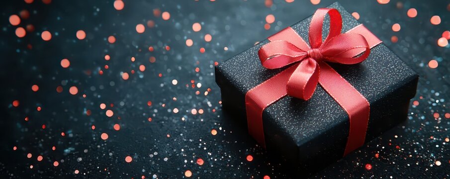 Elegant gift box with a sparkling ribbon, featuring a blank space on the left for personalized text or message.