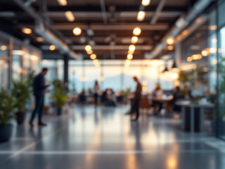 A blurred image of a modern office space with people working at work