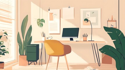 Modern Home Office Desk with Plants and Yellow Chair