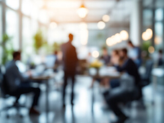 A blurred image of a modern office space with people working at work