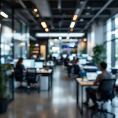 A blurred image of a modern office space with people working at work