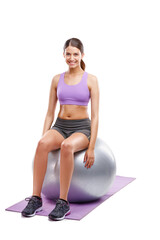 Studio, portrait and woman with exercise ball for fitness, core strength and balance for coordination. Training, workout and female person with smile to lose weight, body wellness or white background