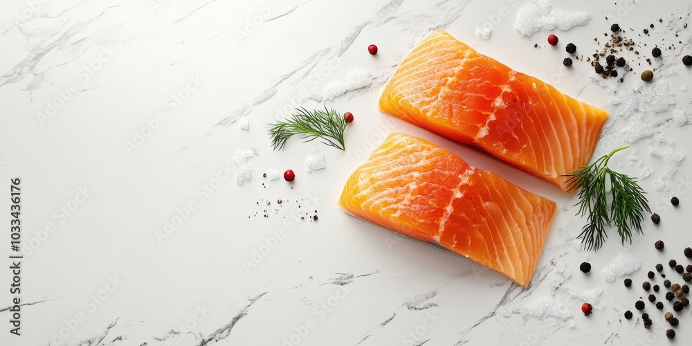Aufkleber An overhead image of two salmon slices on a white surface, featuring space for text, accompanied by salt, pepper, and dill sprigs.