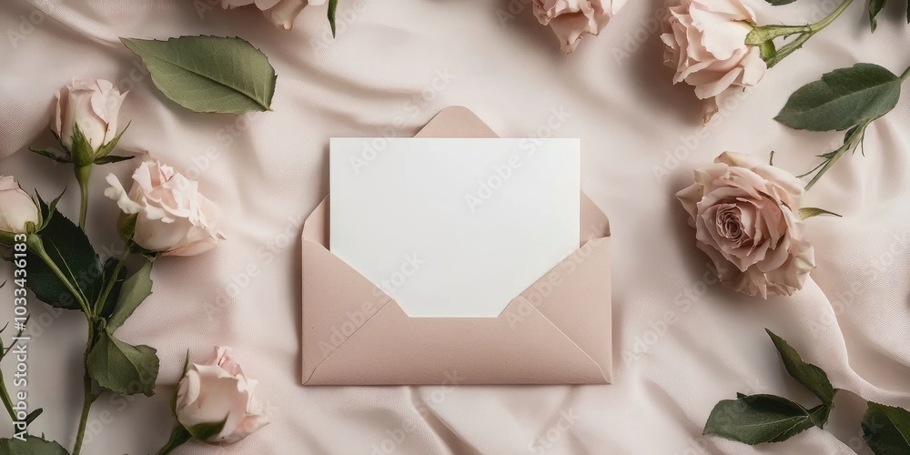 Poster envelope with a blank card and flowers on a light backdrop.
