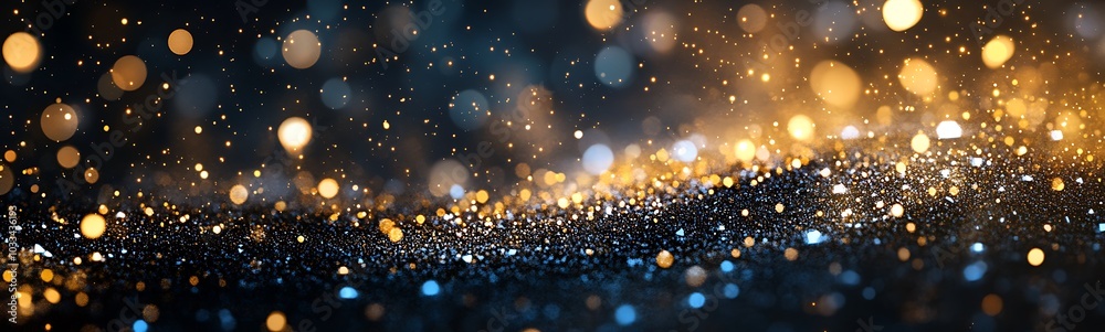 Poster a shimmering, abstract background filled with golden and blue sparkles, creating a magical and festi