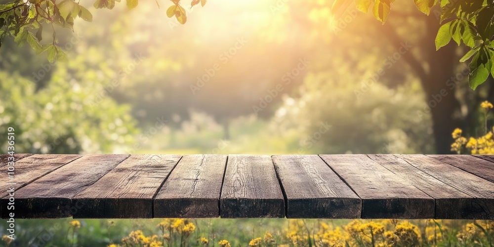 Aufkleber An empty wooden countertop set against a hazy natural backdrop. Spring and summer scene. Bokeh effect. A bright day. Copyspace.