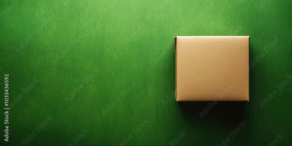 Canvas Prints Gift Kraft Brown Color Box rests on a Green Background, seen from above. Suitable for decorating Postcards, New Year, and Christmas. Horizontal layout. Space for Text. Top view.