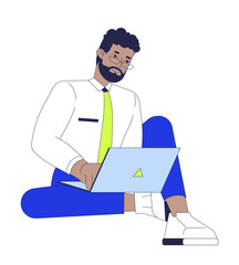 African american male employee typing laptop working relaxed 2D cartoon character. Business casual black teleworker isolated person flat vector on white background. Spot illustration colorful