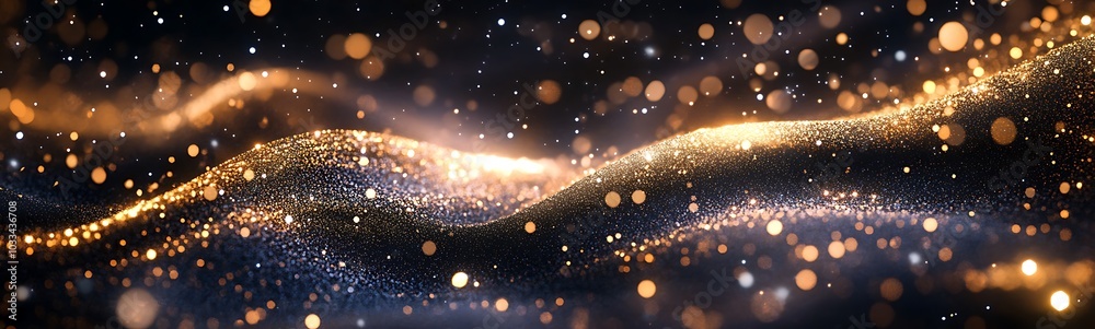 Poster A shimmering wave of golden particles against a dark background, creating a magical and ethereal atmosphere.