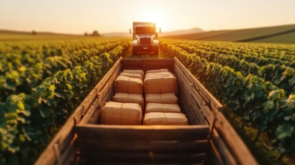 Obraz premium A truck with a trailer loaded with packages in a vineyard setting during sunset, highlighting themes of transport, logistics, and agriculture blending beautifully.