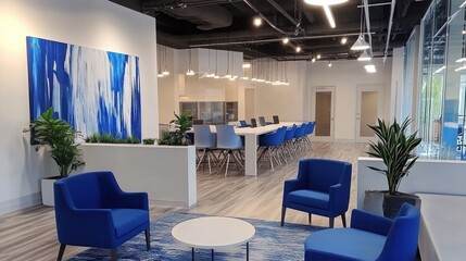 Fototapeta premium Modern office lounge with blue chairs, a coffee table, and a large abstract painting on the wall.