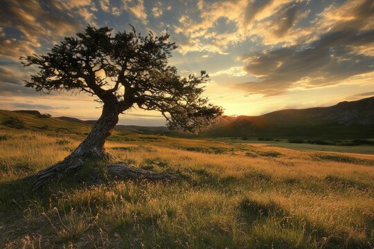 A lone tree stands tall against a dramatic sunset sky in a vast, grassy field. The golden light casts long shadows across the landscape, creating a sense of peace and tranquility.