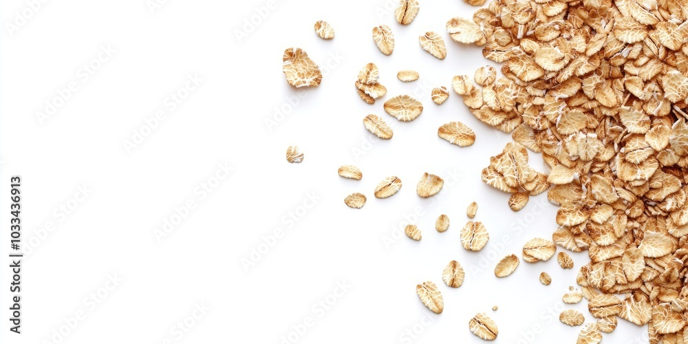 Poster Oat flakes isolated on a white background with copyspace for your text. Top view.