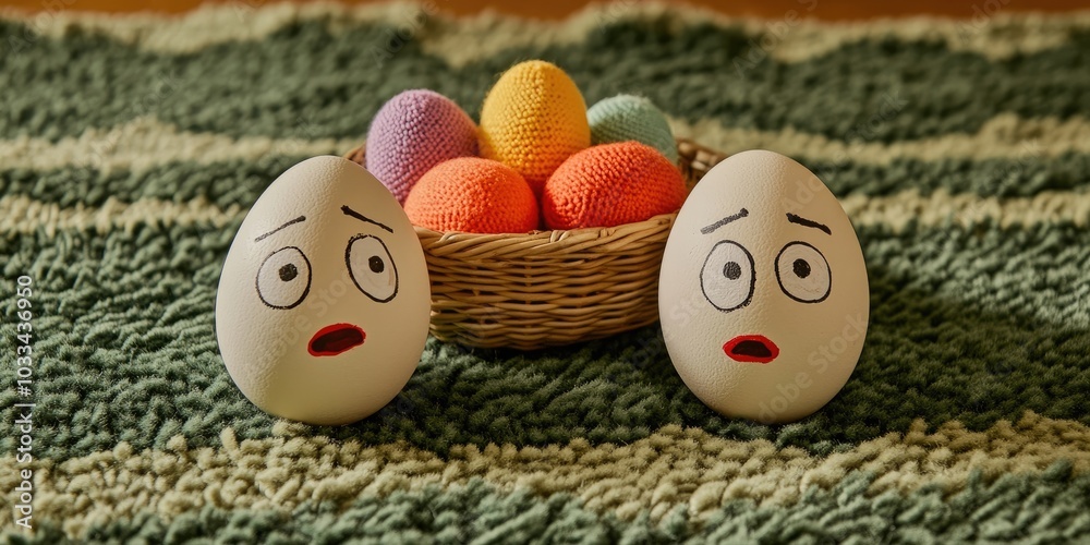 Poster Two chicken eggs with painted faces rest on a carpet resembling green grass. In between them sits a wicker dish filled with multicolored knitted eggs.