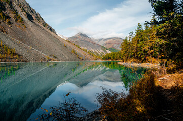 Shavlinskoye lake in Altai during the golden autumn, against the background of snow-capped mountains UNESCO heritage