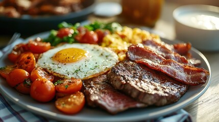 A savory breakfast dish displays a beef steak, sunny eggs, and crispy bacon, garnished with fresh tomatoes, offering a comforting and classic meal experience.