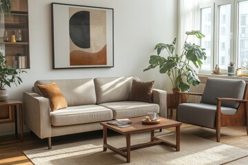 Interior design of cozy living room with mock up poster frame, bed, beige bedding, wooden sideboard, black desk, lamp, blue wall, brown plaid and personal accessories. Home decor, Generative AI