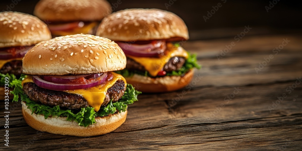 Poster cheeseburgers on a wooden table with copyspace captured in a studio.
