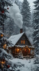 Cozy Christmas Cabin in Snowy Forest