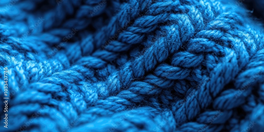 Poster Knitted wool surface as a background. Closeup of blue knitting texture patterns. Background featuring warm winter textiles with copy space.