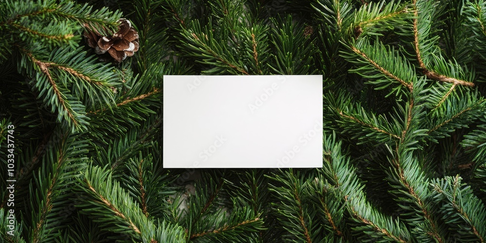 Poster Christmas blank greeting card mock-up arrangement. Innovative setup featuring Christmas tree branches and a paper card note. Flat lay. Nature-inspired New Year theme.